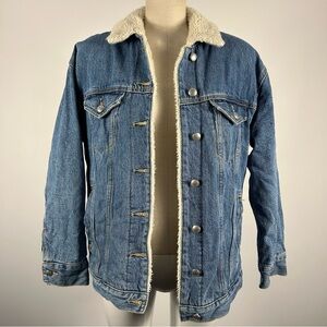 ARITIZIA WILFRED FREE WASHED DENIM SHERPA LINED OVER-SIZED JEAN JACKET SZ XXS
